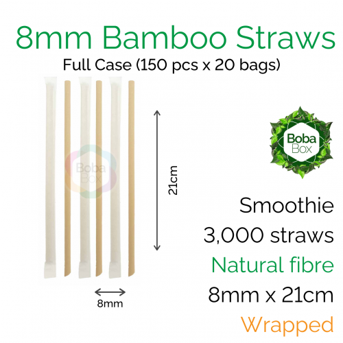 Straws - Wrapped 8mm x 21cm Bamboo Fibre (150 pcs x 20 bags)