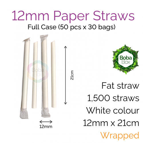 Straws - Wrapped 12mm x 21cm Sharp Paper White (50 pcs x 30 bags)