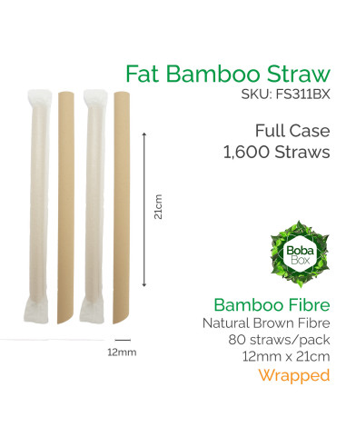 12mm Bamboo Fibre Straws - 21cm Individually Wrapped