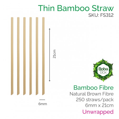 Straws - Unwrapped 6mm x 21cm Bamboo Fibre (250 pcs)