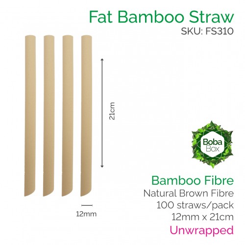 Straws - Unwrapped 12mm x 21cm Bamboo Fibre (100 pcs)