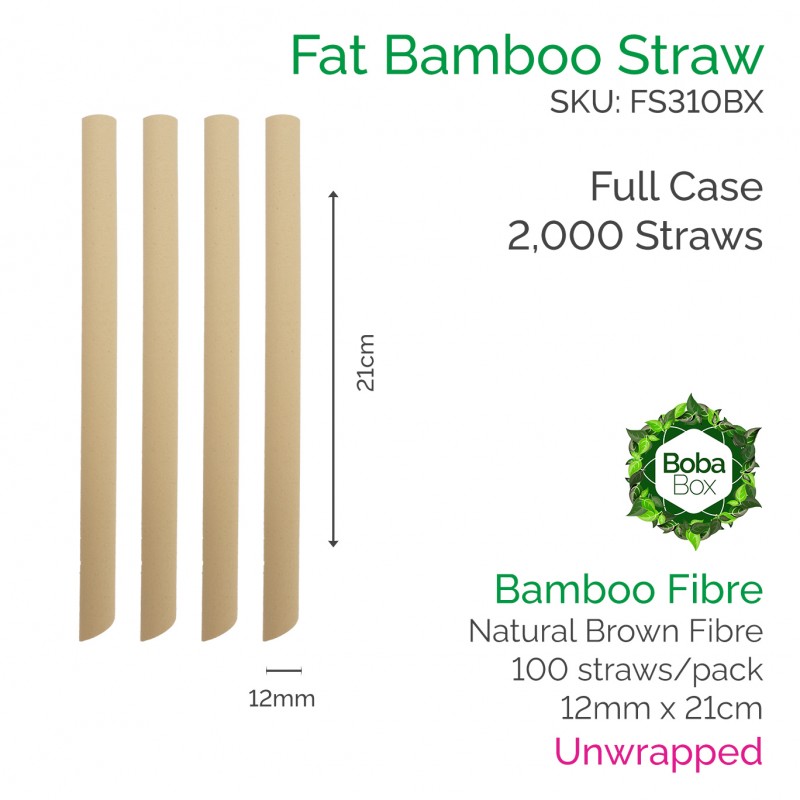 Straws - Unwrapped 12mm x 21cm Bamboo Fibre (100 pcs)